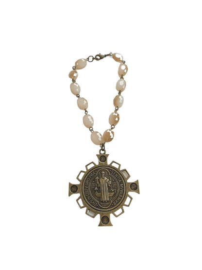 Rearview Mirror Blessing - Pink Beads Large Saint Benedict Religious Cypress Springs Gift Shop