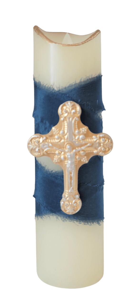 Royal Blue Blessed Mary Flameless Candles Crucifix - 5.5-6