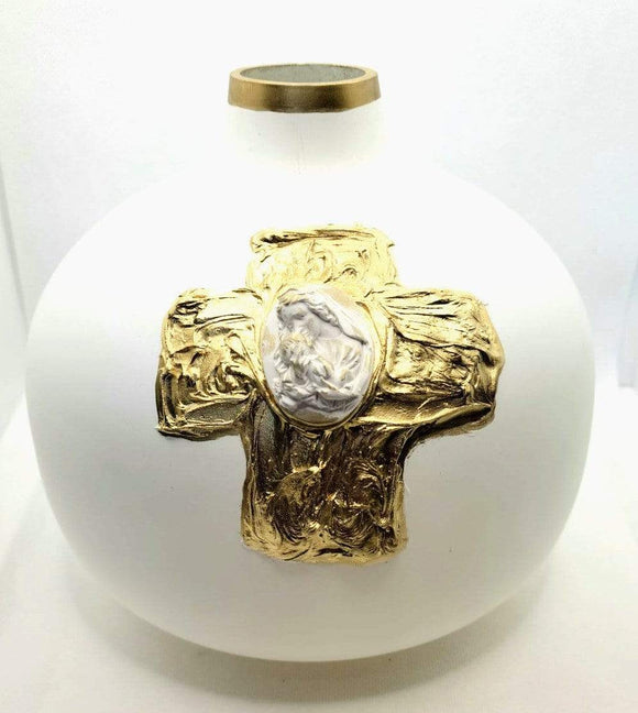 White Matte Bud Vase With Madonna and Child Intaglio on Gold Cross Vase Christian Brands